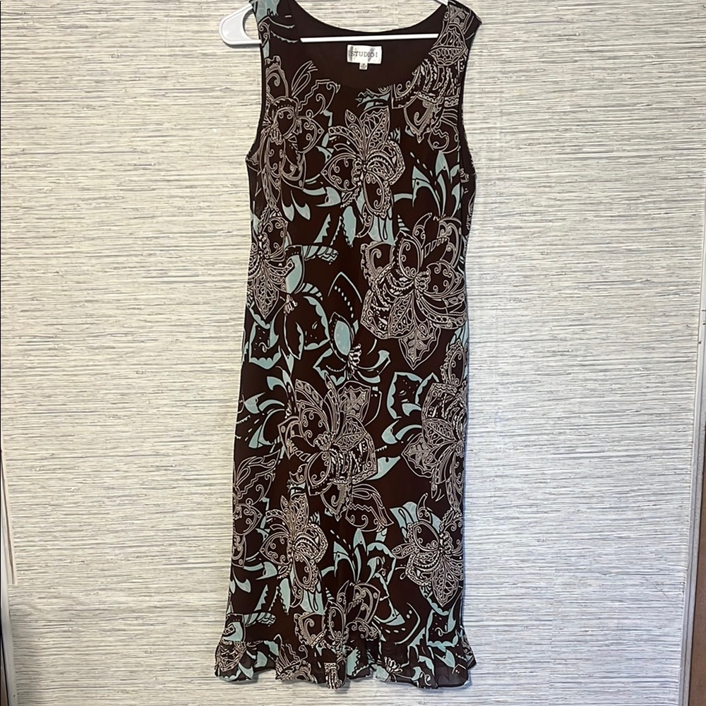Studio I Aqua, White & Brown Tiered Sheath Dress – Size 16 (735)